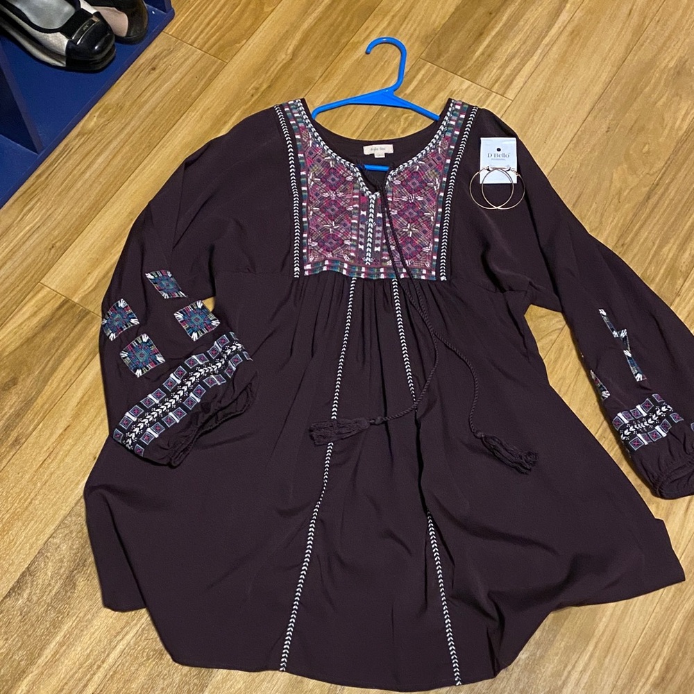 Embroidered Boho Tunic Dress from Kyla Seo; size Small; large gold hoops incl.